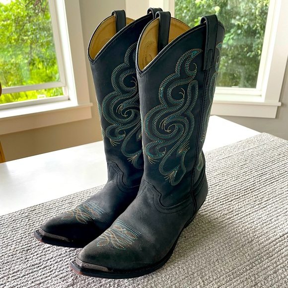 Vintage Smokey Mountain Teal Brown Embroidered Black Leather Cowboy Boots - Picture 2 of 15
